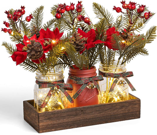 3 Pcs Mason Jar Centerpiece Decorations for Christmas Table Decor Farmhouse Coffee Table Decor Christmas Kitchen and Room Decor,Red