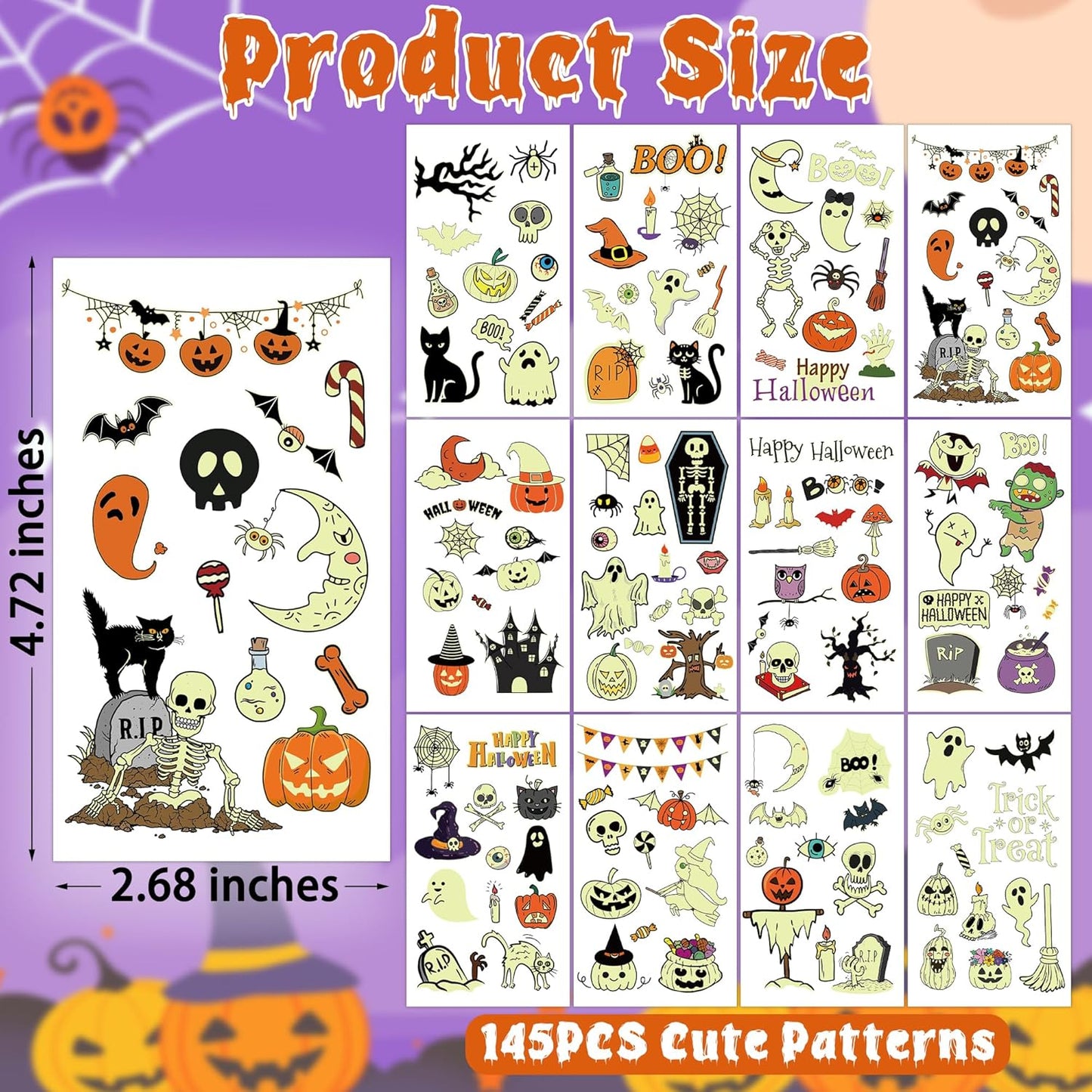 145 Styles Halloween Tattoos for Kids, 12PCS Halloween Luminous Tattoos, Glow in Dark Ghosts Pumpkin Fake Temporary Tattoos Stickers Bulk for Trick or Treat Party Decorations Accessories Supplies