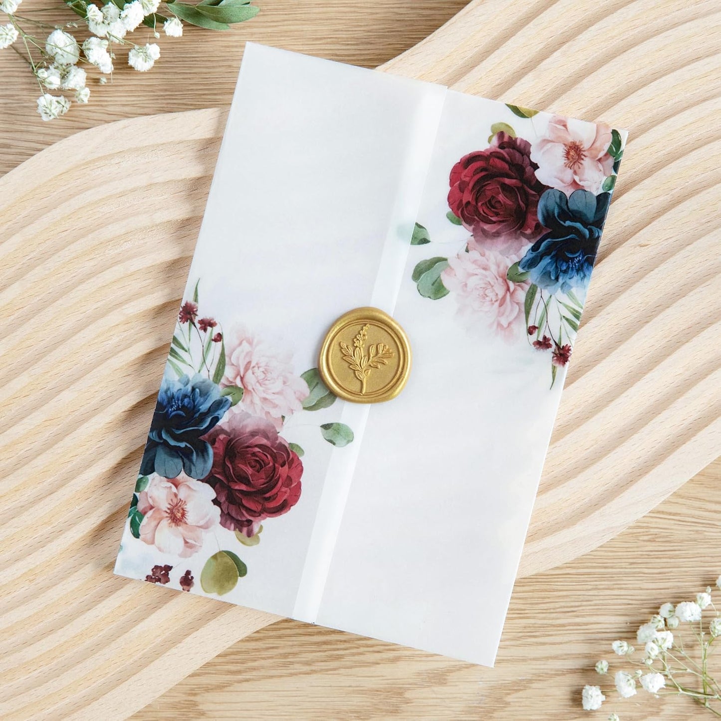 PONATIA 50 PCS 135gsm Vellum Jackets for 5x7 Invitation Cards - Burgundy and Navy Blue Flowers Printed Vellum Sleeves, Wedding Invitation Cards Wraps, Transparent Christmas Gift Cards Jackets