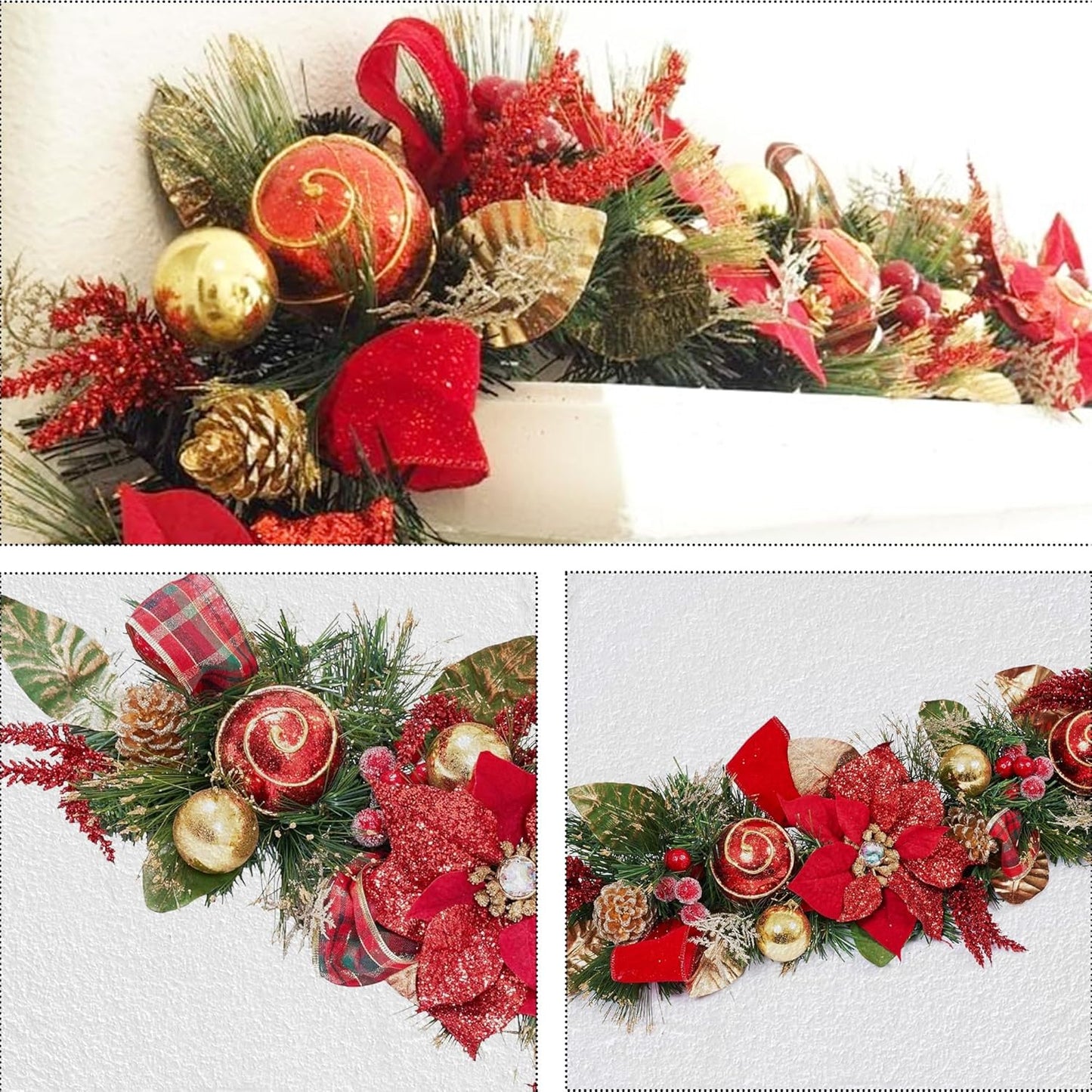 5 ft Christmas Garland for Mantle Unlit Garland for Stairs Railing, Banister, Staircase, Fireplace, for Table No Light, Garland Decor Frosted Red Poinsettia Holiday Tree (Decorated Red Poinsettia)