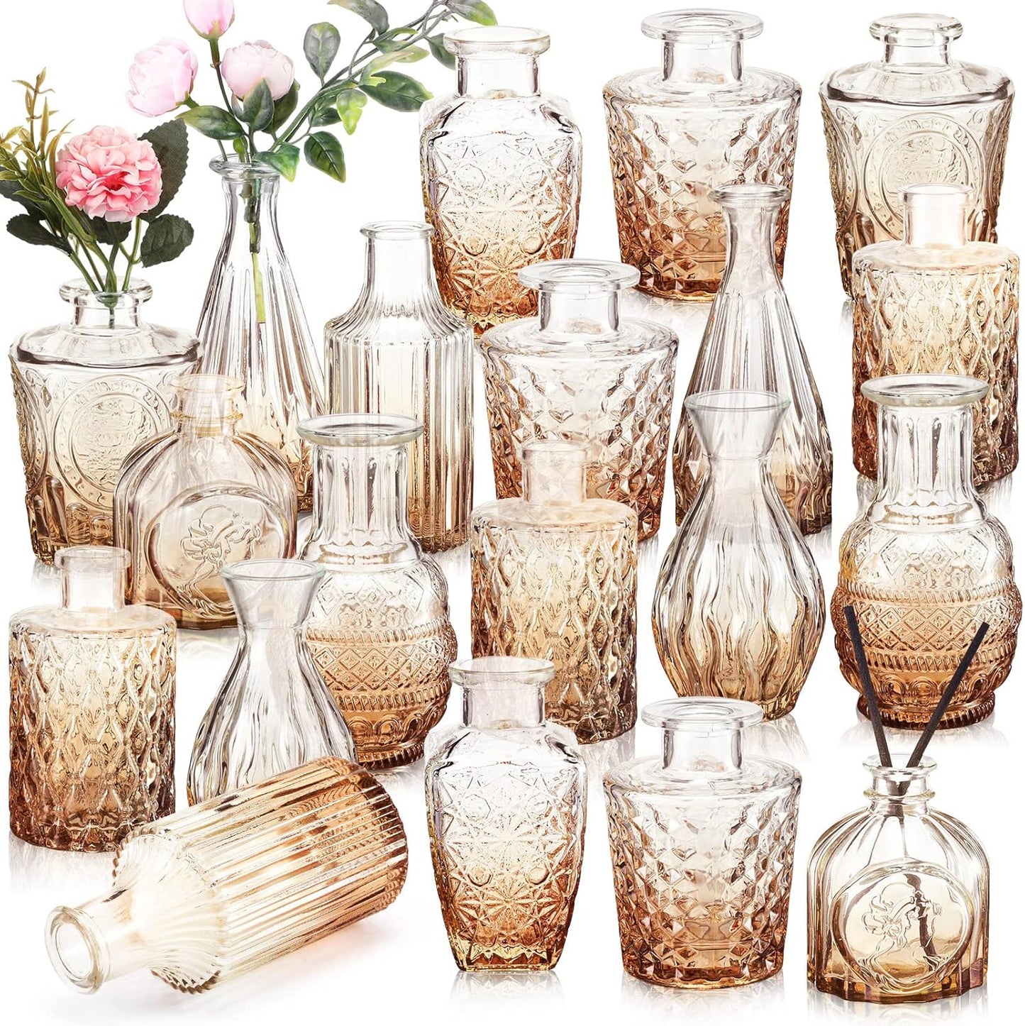 20 Pcs Glass Bud Vase Set Small Vintage Flower Vase in Bulk for Centerpieces Rustic Decorative Glass for Wedding Table Home Christmas Decoration (Amber)