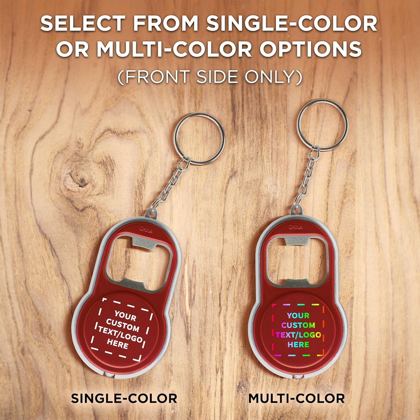 DISCOUNT PROMOS Custom Bottle Opener & LED Keychains Set of 100, Personalized Bulk Pack - Perfect for Tradeshows, Party Favors, Other Events - Red