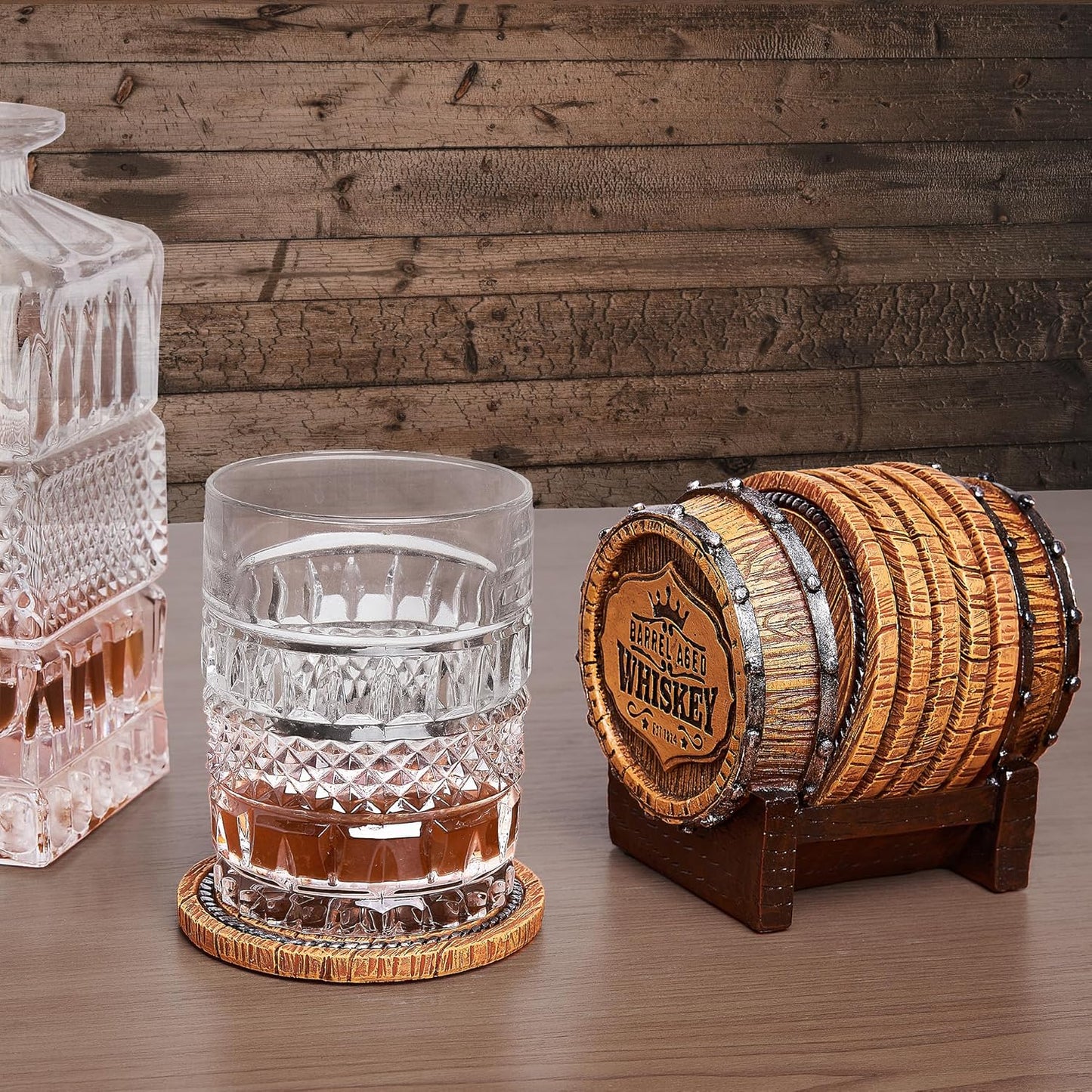 Cabin Obsession Whiskey Barrel Coaster Set – Handcrafted Whiskey Barrel Decor for Whiskey Lovers and Man Cave Gifts for Men - 6 Full Size Whiskey Coasters with Barrel Style Holder for Man Cave Décor