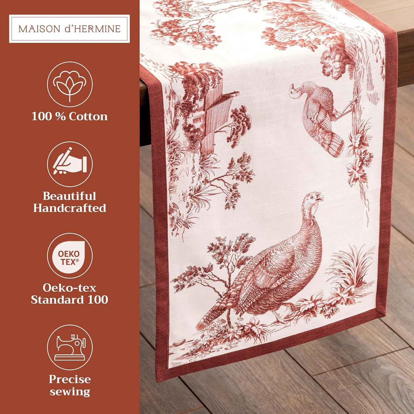 Maison d' Hermine Table Runner 100% Cotton Single Layer Table Runners 90 inches Long for Thanksgiving Christmas Decorations Home Kitchen Dining Party Wedding (Holy Jouy - Brown, 14.5" x 90")