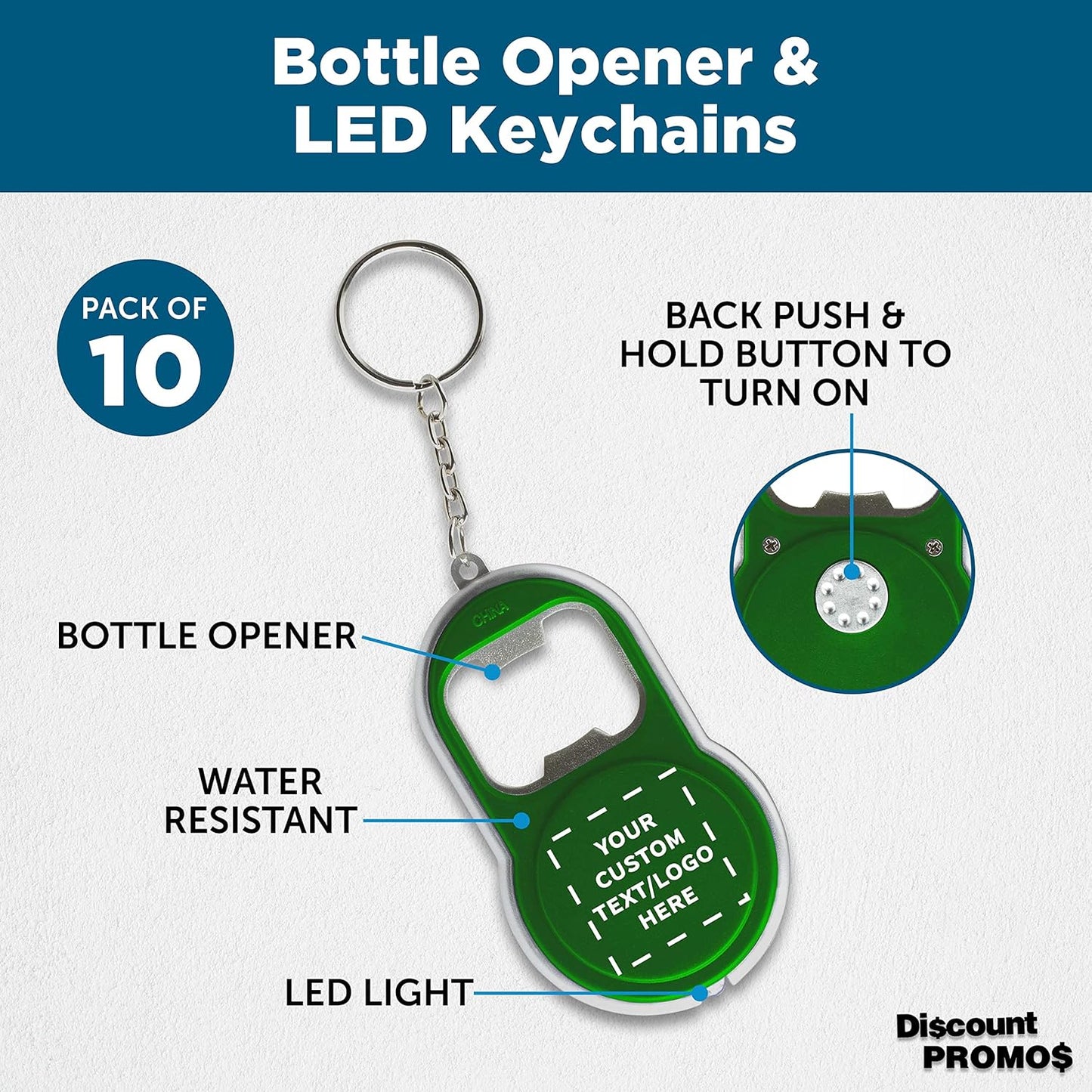 DISCOUNT PROMOS Custom Bottle Opener & LED Keychains Set of 10, Personalized Bulk Pack - Perfect for Tradeshows, Party Favors, Other Events - Green