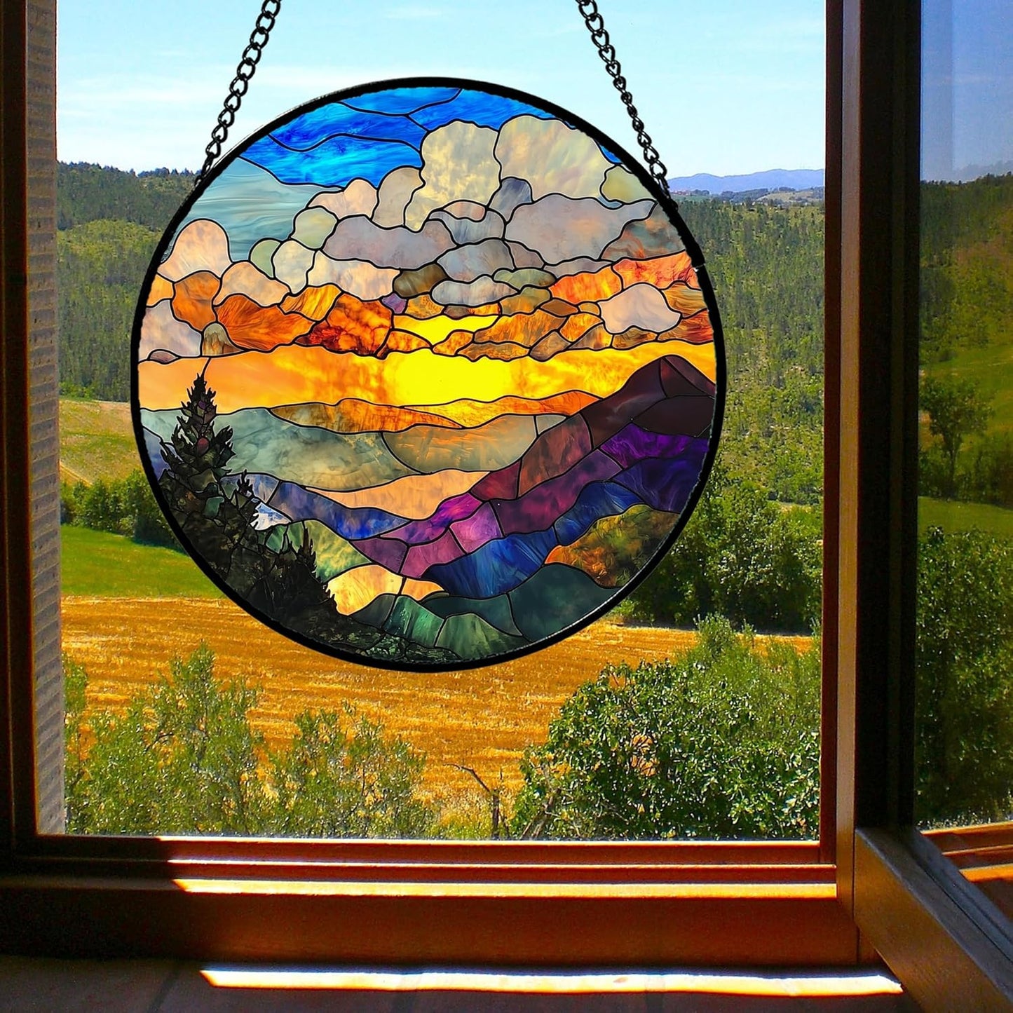 Stained Glass Window Hanging, Abstract Clouds Mountains Landscape Suncatcher for Doors Window Home Sun Catchers Decor Mother's Day Birthday Gifts for Women, Men Mom 9.8 in