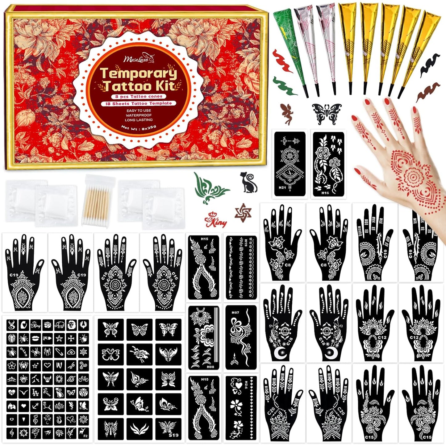 Temporary Tattoos Stencils Kit,Temporary Tattoos Kit - 8 Pcs 4 Color(Brown,Black,Cherry red,Green), Ink with Gloves,DIY Body Art Painting for Women Men Adults Kids