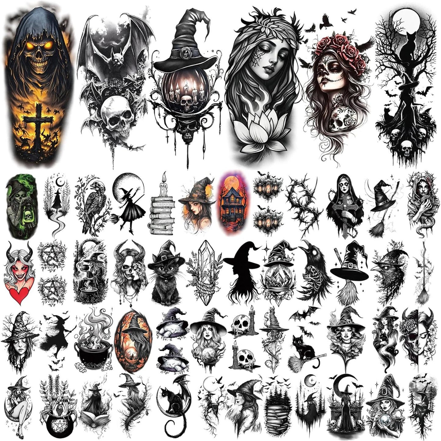 77 Sheets Witch Temporary Tattoos Women Men Adults, Skeleton Death Skull Pointed Black Hats Brooms Cauldrons Black Cats Half Arm Halloween Fake Tattoo, Bat Scary Tattoos for Halloween Costume