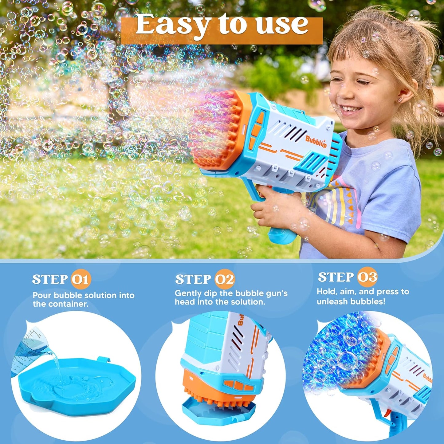 Sloosh Bubble Machine Guns, 69 Holes Bubble Gun Blaster Blower for Kids Adults, Colored Lights Bazooka Rocket Shape with Solution Outdoor, Summer Toys, Gifts, Party Favors, Wedding, Birthday, Easter