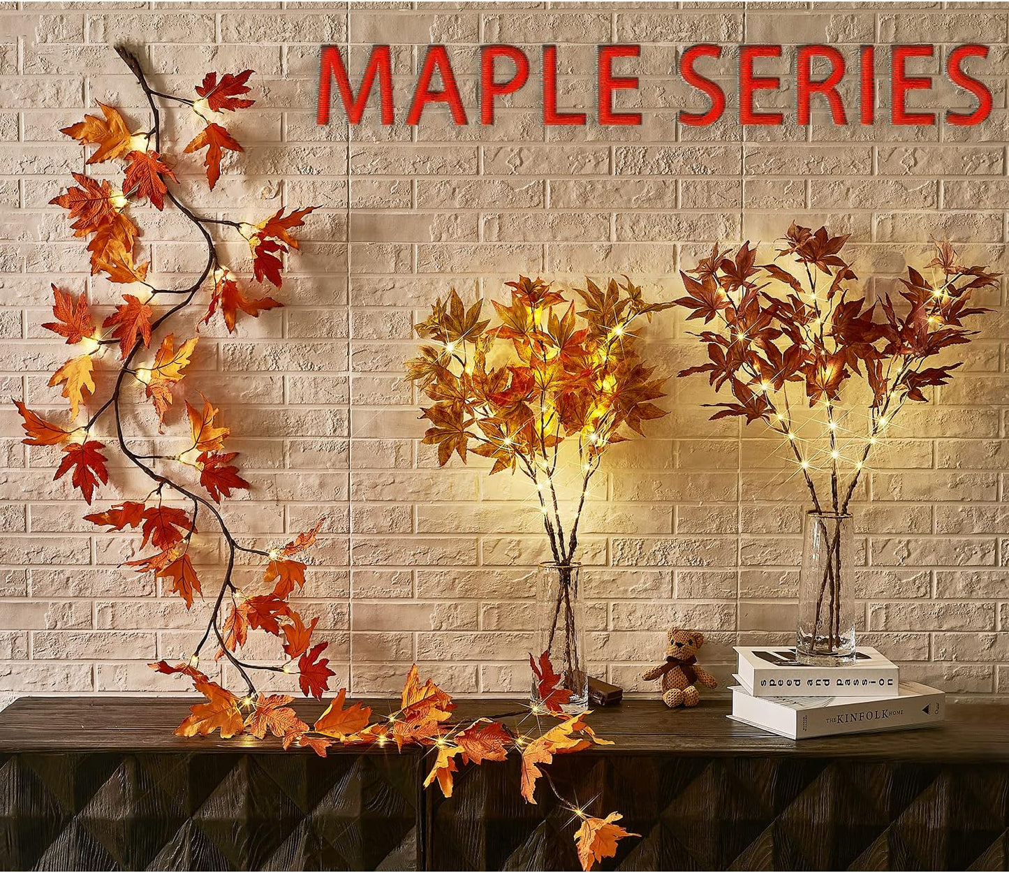 Fudios Lighted Maple Leaf Garland with Timer 24 Warm White LED 6FT for Fall Thanksgiving Decor, Artificial Garland with Lights Battery Operated Harvest Christmas Decoration Indoor Outdoor