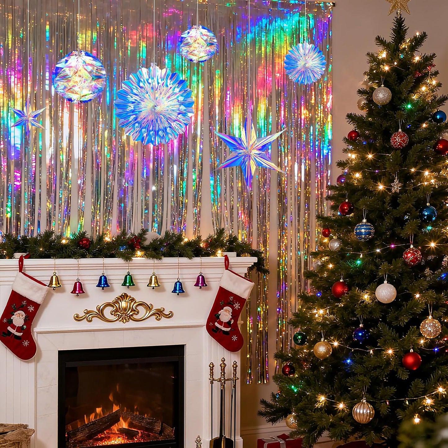 BTSD-home Iridescent Party Decorations with Hanging Honeycomb Ball Decorative Paper Fan Snowflake Garlands Birthday Wedding Christmas Disco Party Supplies