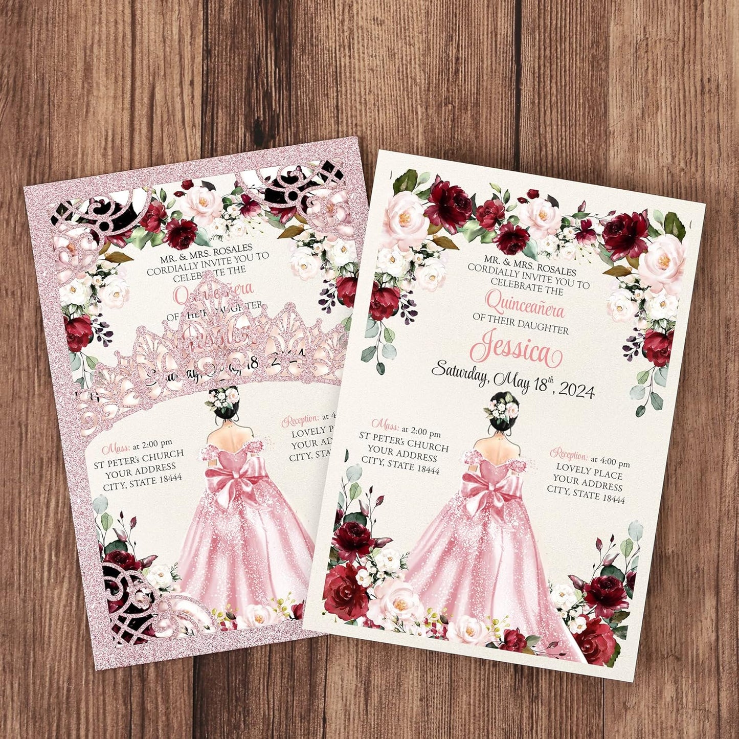 50Pcs Pink Crown Quinceanera Invitation Burgundy for 15 year, Sweet 16, Miss XV, Birthday Laser Cut Quince Invitation Cards Personalized Glitter Pink