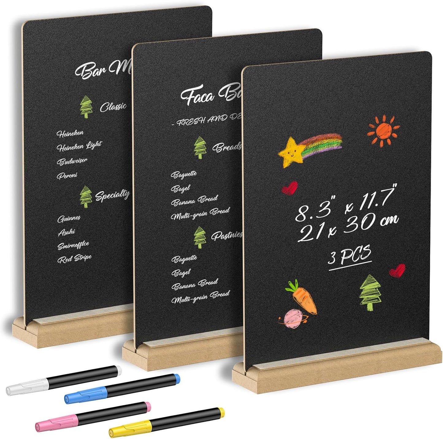 Uniclife 3 Pcs A4 Tabletop Chalkboard Sign with Stand & Chalk Markers, 8.3 x 11.7 Inch, Double-Sided Wooden Chalk Board Sign for Tables, Menu Board for Bar Restaurant Wedding