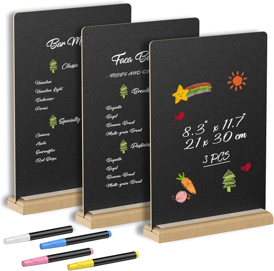 Uniclife 3 Pcs A4 Tabletop Chalkboard Sign with Stand & Chalk Markers, 8.3 x 11.7 Inch, Double-Sided Wooden Chalk Board Sign for Tables, Menu Board for Bar Restaurant Wedding