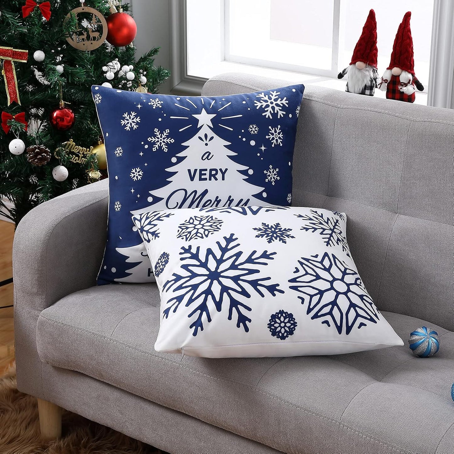 NANAN Christmas Pillow Covers 18X18 Inch Set of 4 Navy Blue Christmas Pillow Cases Snowflake Merry Christmas Holiday Pillowcases Xmas Trees Elk Deer Decorative