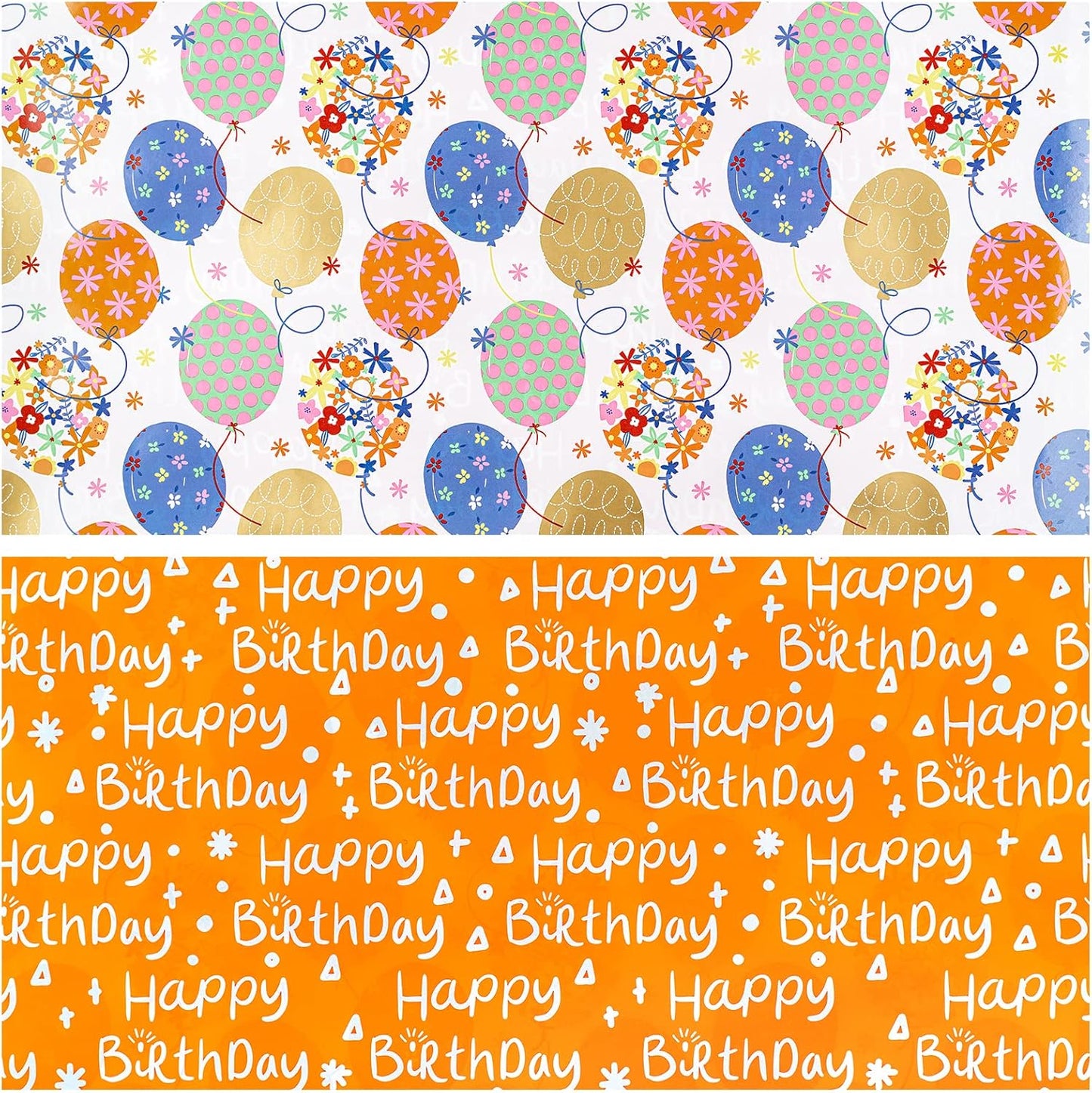 LeZakaa Reversible Birthday Wrapping Paper Roll for Girls Women, Happy Birthday Lettering, Orange Flower Balloon Design, Mini Roll, 17 inches x 32.8 Feet (46.45 sq.ft.)