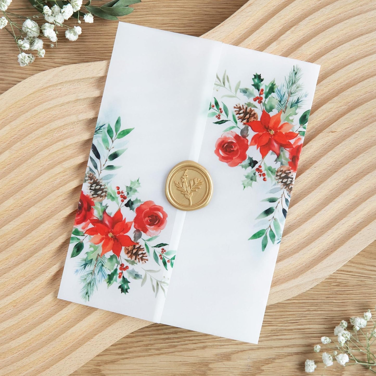 PONATIA 50 PCS 135gsm Vellum Jackets for 5x7 Wedding Invitation Cards- Christmas Red Floral Printed Vellum Sleeves, Invitation Cards Wraps, Christmas Cards Jackets