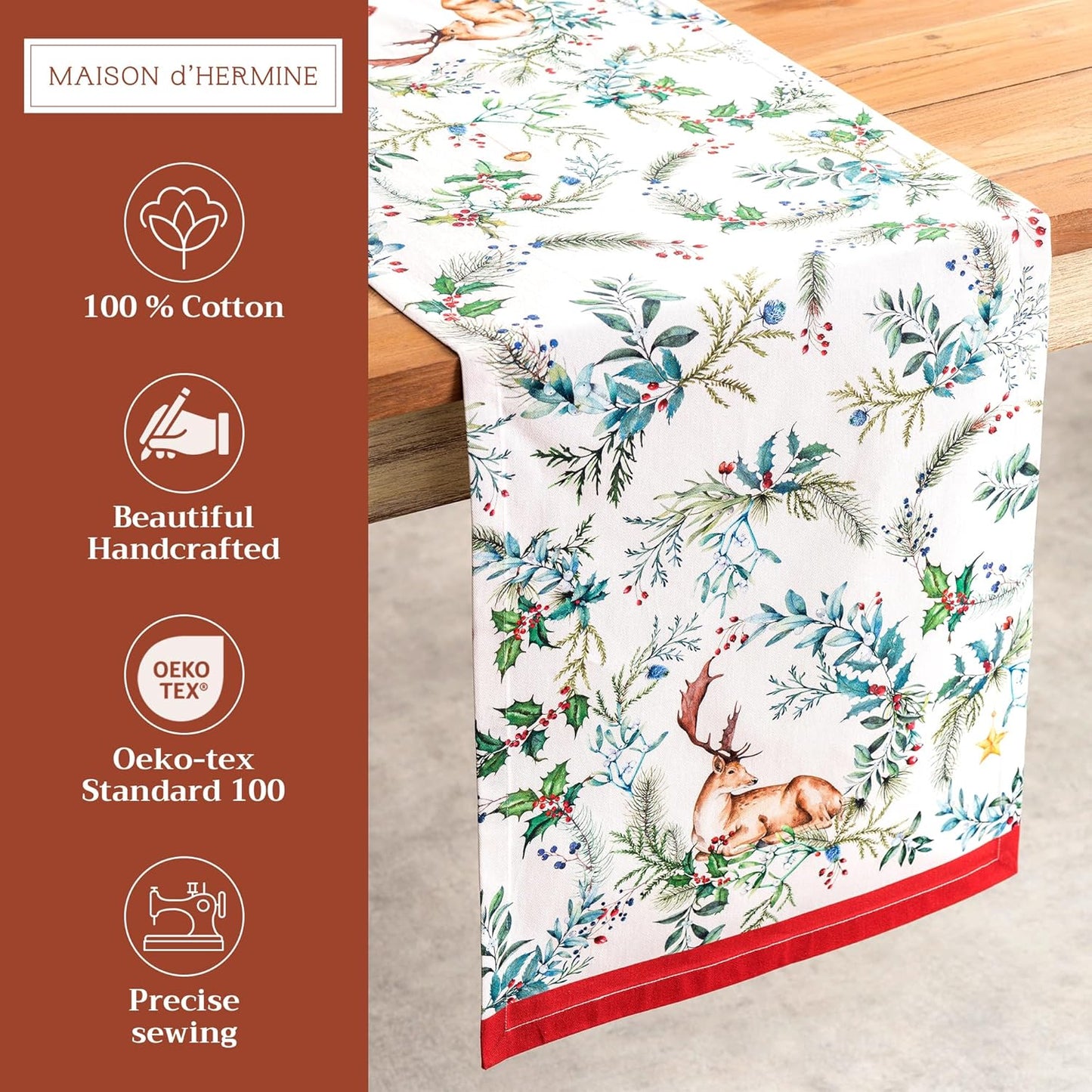 Maison d' Hermine Table Runner 100% Cotton Single Layer Table Runners 108 inches Long for Thanksgiving Christmas Decorations Home Kitchen Dining Party Wedding (Holly Time, 14.5" x 108")