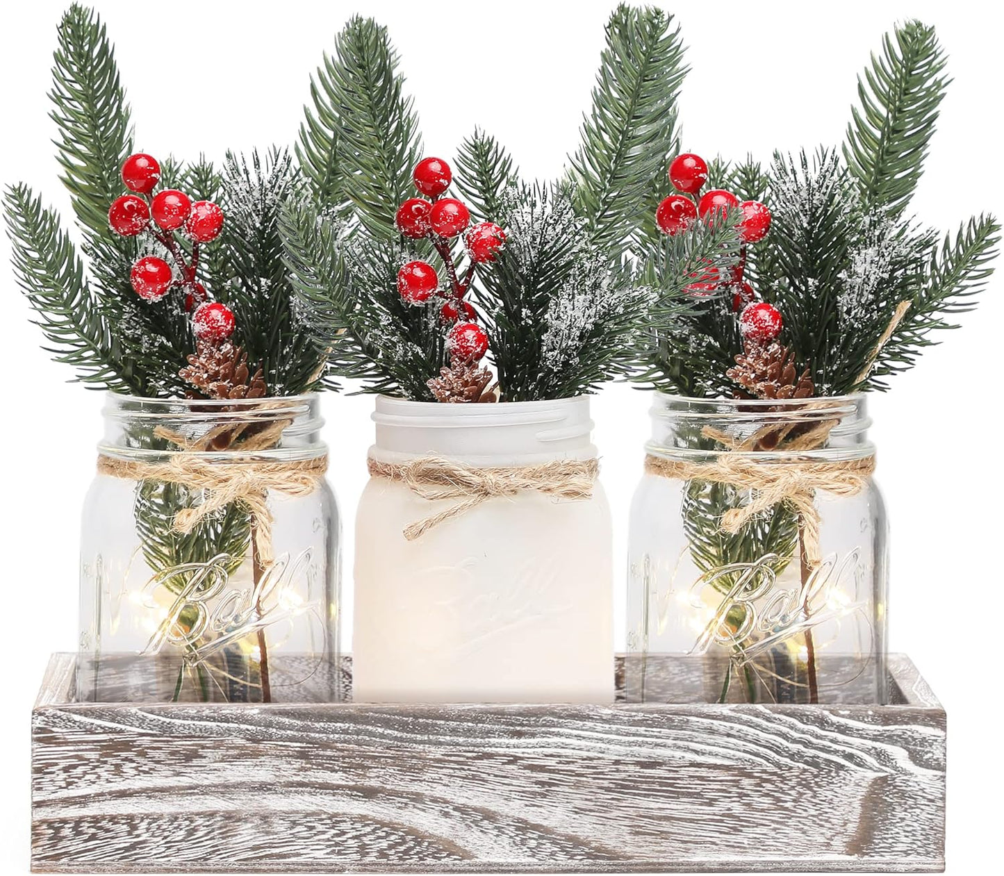 Christmas Mason Jars, Christmas Centerpiece Table Settings, Wood Tray with 3 Painted Jars, Dining Coffee Table Centerpiece, For Kitchen, Living Room, White Mason Jar Decor with Flowers