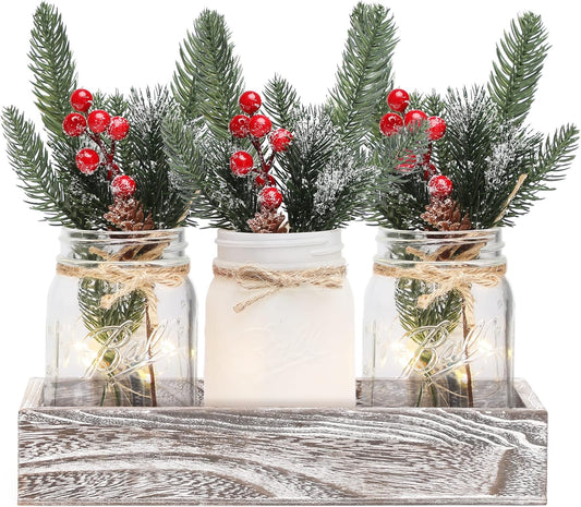 Christmas Mason Jars, Christmas Centerpiece Table Settings, Wood Tray with 3 Painted Jars, Dining Coffee Table Centerpiece, For Kitchen, Living Room, White Mason Jar Decor with Flowers