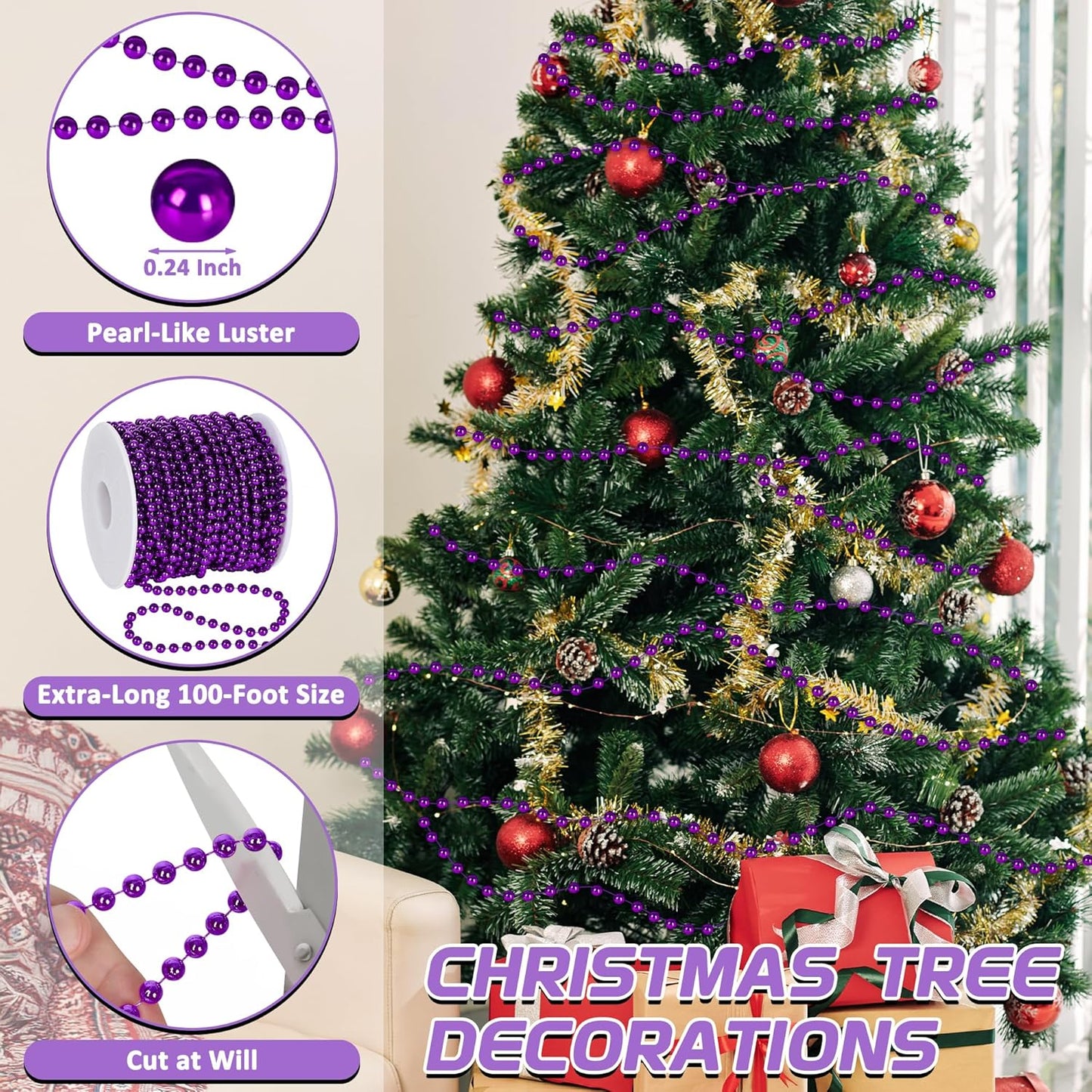 100 Feet Purple Christmas Decorations for Tree, Artificial Garland for Christmas Tree, Christmas Beads Garland for Xmas Tree Decorations Home Fireplace Balcony Party DIY Decor