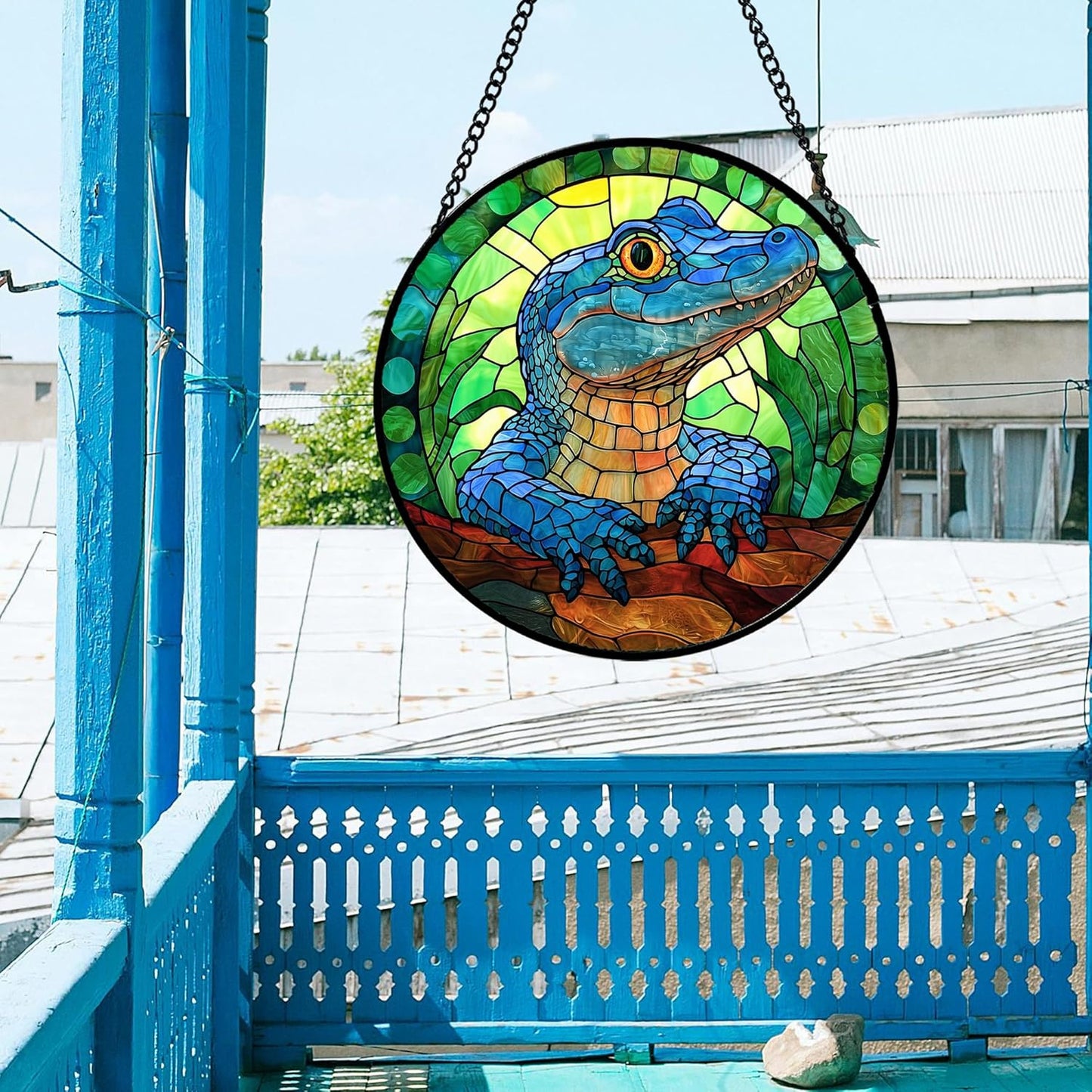 Stained Glass Window Hanging, Blue Alligator Sun Catcher for Window Door Home Decor Green Brown Suncatcher Christmas Mother's Day Birthday Gifts for Women Men Mom and Nana 7.8 in