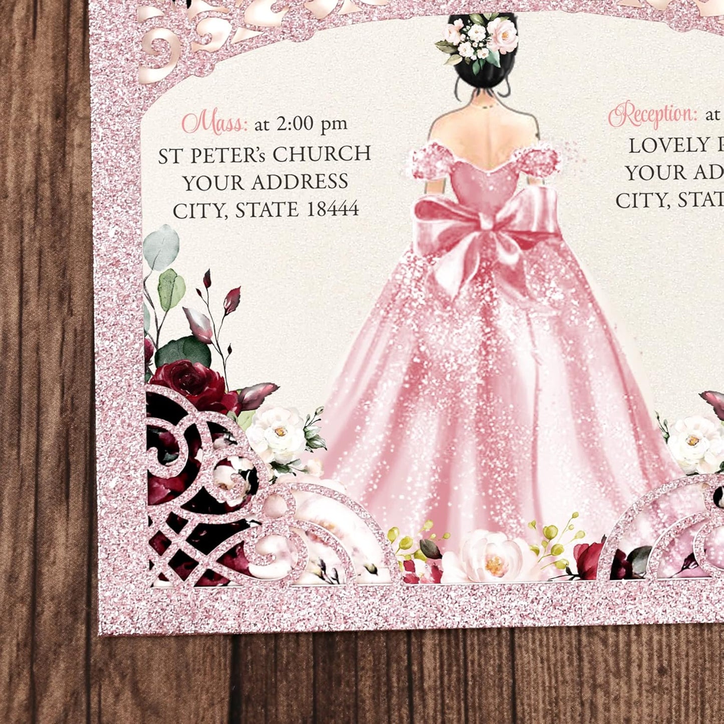 50Pcs Pink Crown Quinceanera Invitation Burgundy for 15 year, Sweet 16, Miss XV, Birthday Laser Cut Quince Invitation Cards Personalized Glitter Pink