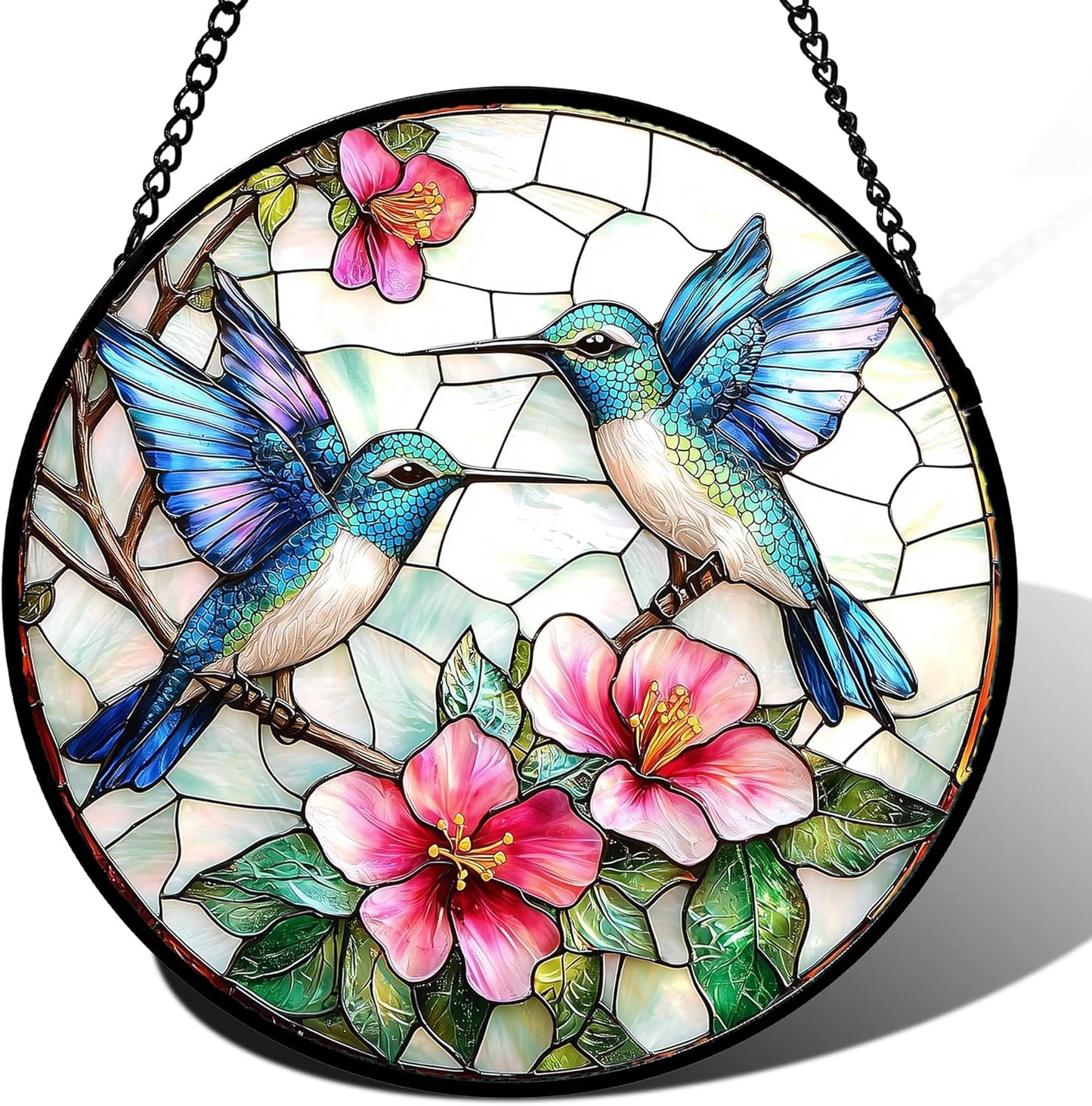 Stained Glass Window Hanging - Blue White Hummingbirds Pink Flowers Suncatcher for Door Terrace Garden Home Decor Bird Sun Catcher Birthday Gifts for Lovers Women Men Dad Mom Nana 6.3 in