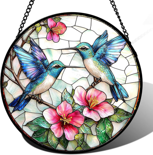 Stained Glass Window Hanging - Blue White Hummingbirds Pink Flowers Suncatcher for Door Terrace Garden Home Decor Bird Sun Catcher Birthday Gifts for Lovers Women Men Dad Mom Nana 6.3 in