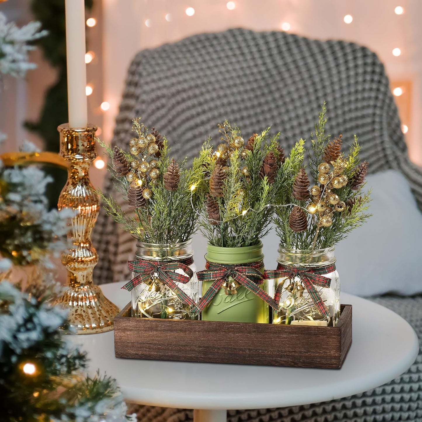 3 Pcs Mason Jar Centerpiece Decorations for Christmas Table Decor Farmhouse Coffee Table Decor Christmas Kitchen and Room Decor,Green