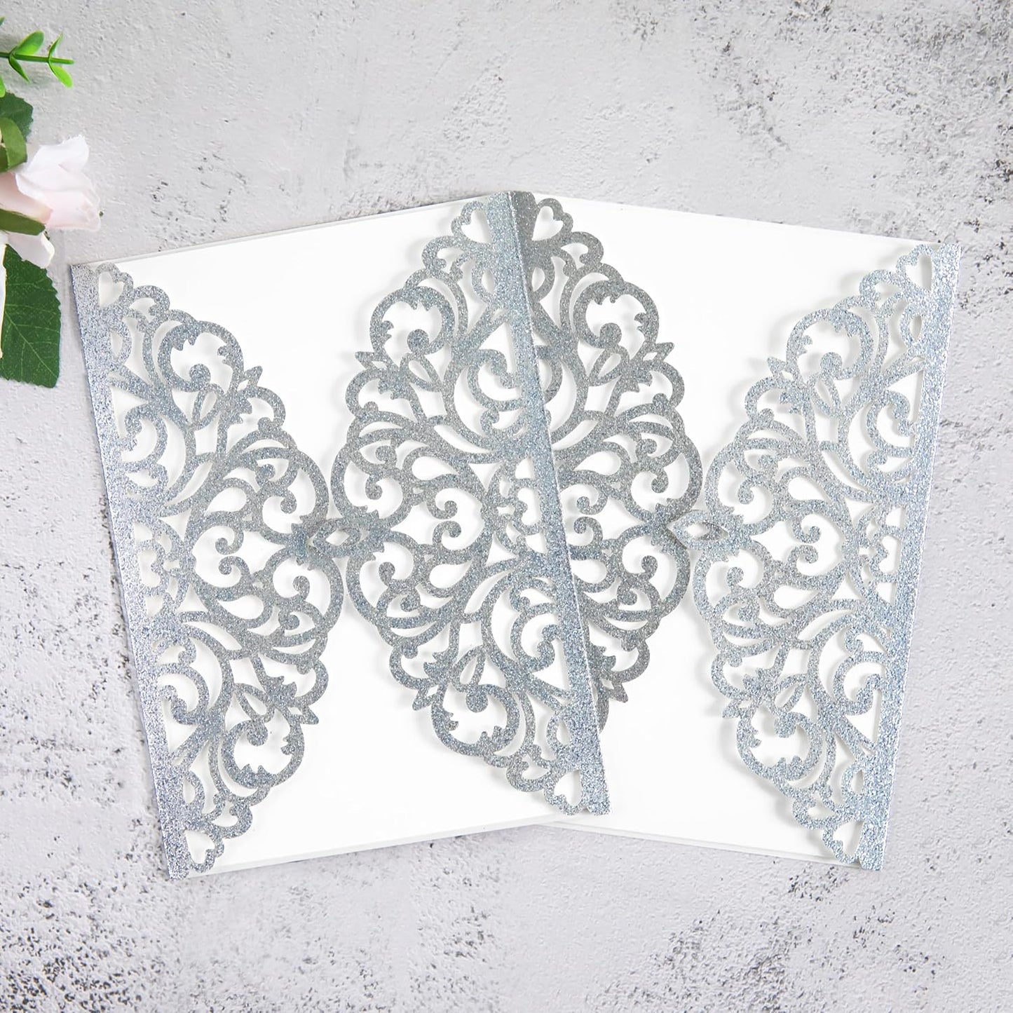20Pcs Silver Glitter Laser Cut Invitation Cards With Blank Inner Sheets for Wedding Cards Bridal Shower Engagement Quinceanera Invitation (No Envelopes)
