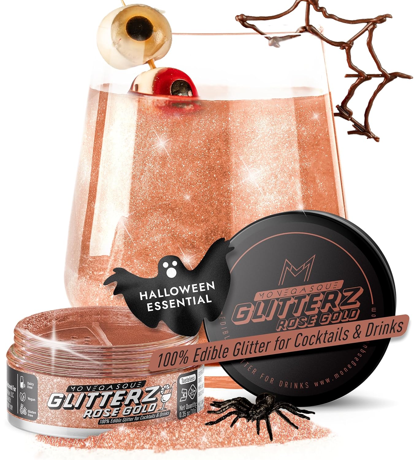 MONÉGASQUE Rose Gold Edible Glitter for Drinks 10g – Rose Gold Edible Glitter for Cakes – Halloween Chocolate, Cupcake, Strawberries, & Cake Decorations Sparkles – Cocktails & Drink Shimmer Powder