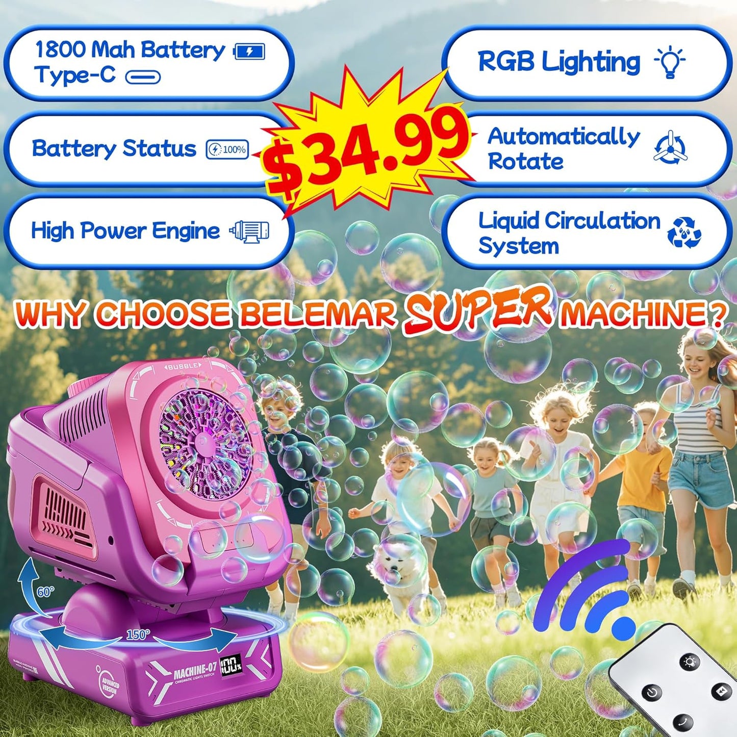 2025 Upgraded Bubble Machine with Remote Control, Automatic Rotation & RGB Lights, 1800mAh Rechargeable Battery, Type-C Charge, Bubble Maker for Kids, Weddings, Birthday Parties, Outdoor Activities