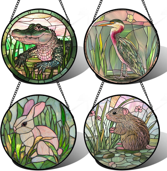 Stained Glass Window Hanging 4 Pcs Set Cute Animal 7.8"- Green Plant Pink Suncatcher Door Garden Sun Catcher Decor Birthday Christmas for Mom Woman Nana Men Friend