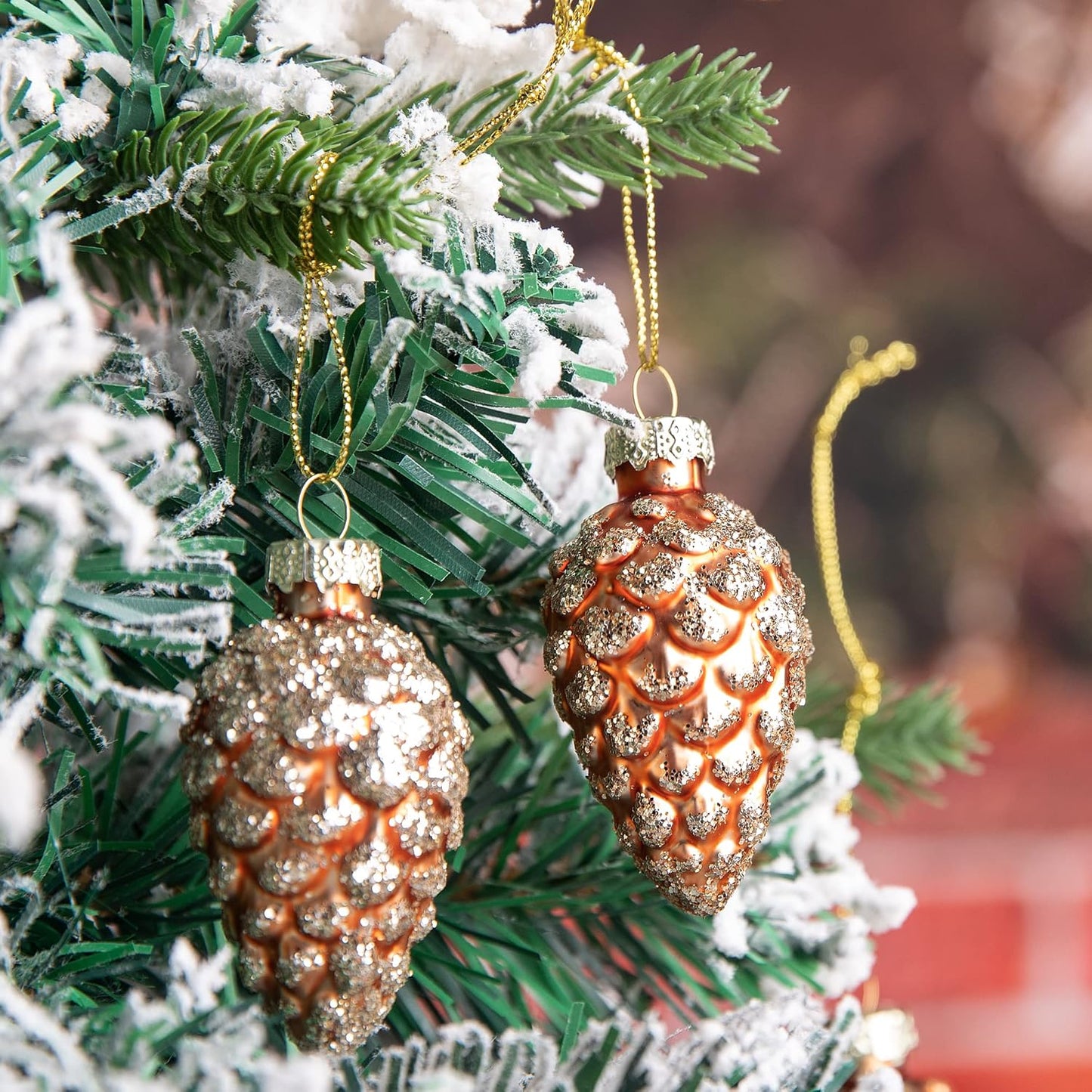 Watayo 12 Pcs Christmas Pinecone Glass Ornaments- Fall Hanging Pine Cone Painted Glass Ornaments- Glitter Pinecone Christmas Ornament for Xmas Tree DIY Crafts Fall Thanksgiving Day Decoration