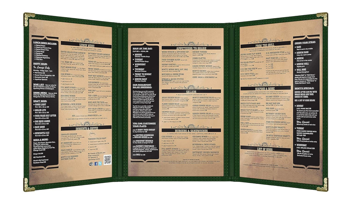 Goodsmart Restaurant Menu Covers – 25 Pack Green 6-View Trifold 5.5" x 8.5", Side-Loading Vinyl & Plastic Menu Holders, Clear Menu Sleeves, Leather-Style Café Covers with Gold Corners