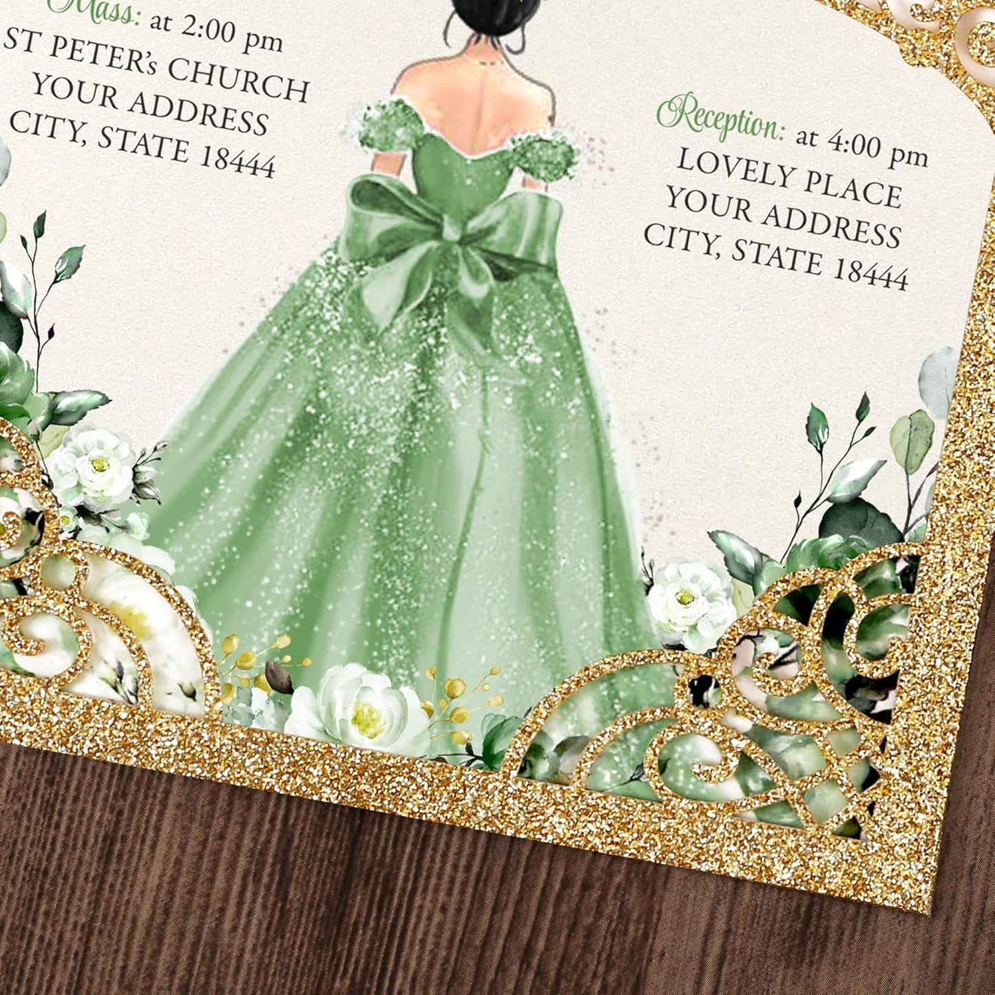 50Pcs Sage Green Crown Quinceanera Invitation for 15 year, Sweet 16, Miss XV, Birthday Laser Cut Quince Invitation Cards Personalized Glitter Gold
