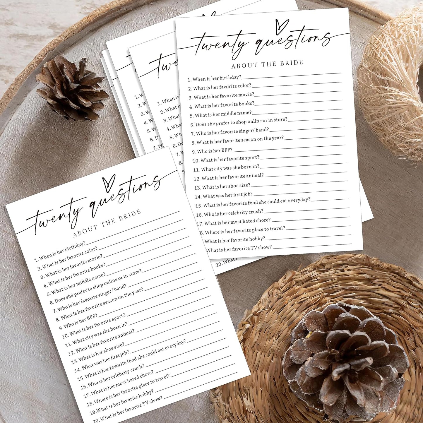 Fun Wedding Shower Games Cards, Twenty Questions About The Bride, Bridal Party Game and Favors for 25 Guests, Bridal Shower Decorations, Minimalist White Wedding Party Supplies - A07