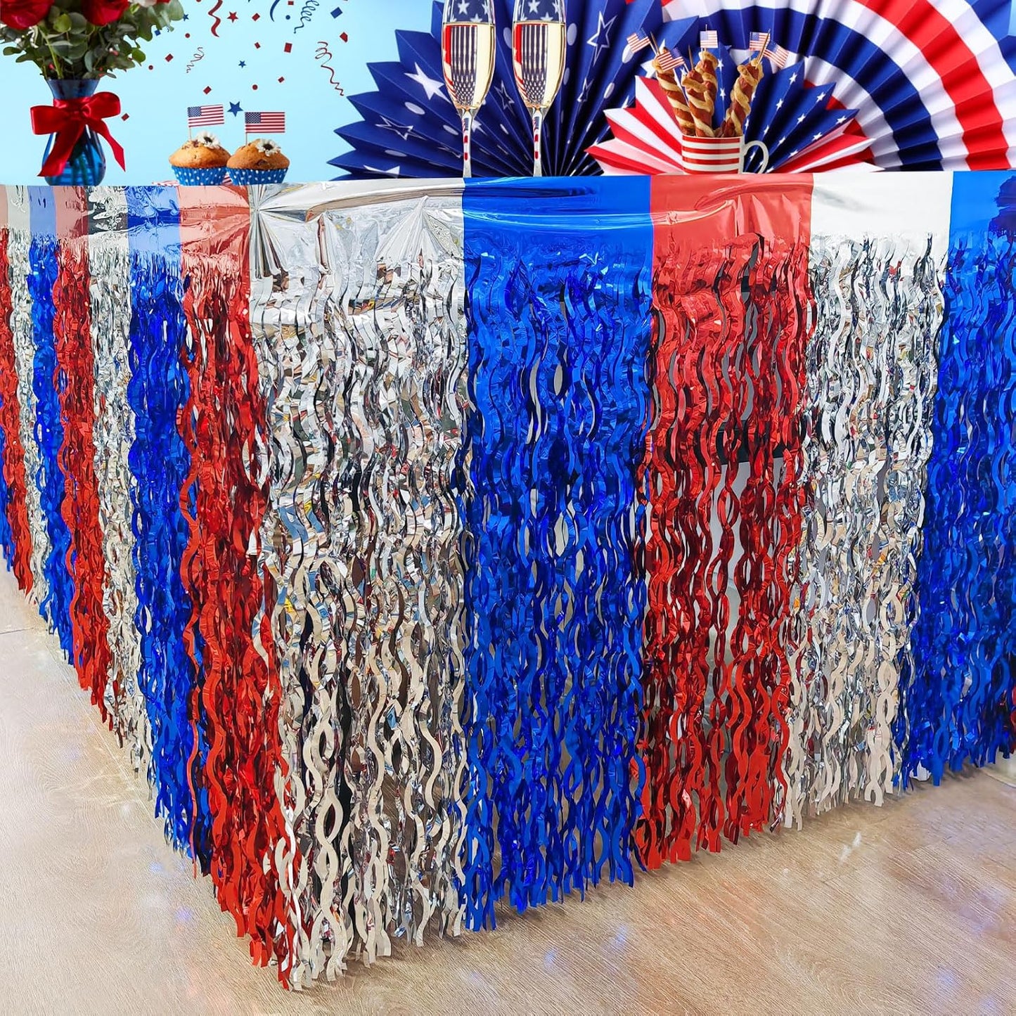 CCINEE 4 Pack 4th Of July Foil Fringe Table Skirt, 36ft Wavy Metallic Tinsel Red White And Blue Patriotic Decorations for Independence Memorial Veterans Day Labor Day Table Skirts Decoration