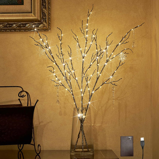 Hairui Lighted Willow Branches Silver Glittered 32IN 120 LED Fairy Lights with Timer, Twig Branch with Lights Battery Operated or USB Plug in for Home Fireplace Room Christmas Holiday Decoration