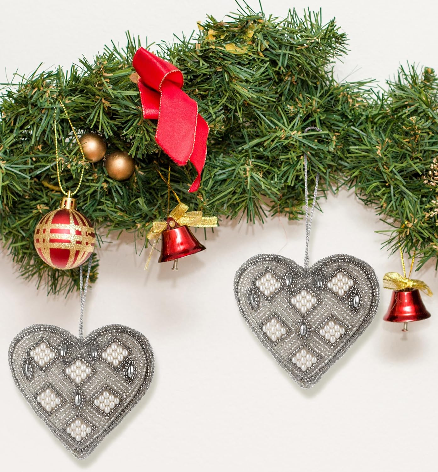 Beaded Heart Hanging Ornaments with Twine - Home Decor Modern Style Beaded Decorative Ornaments for Living Room, Bedroom, Office Desktop, Cabinets - Set of 6 (Grey) - CLEENTABLE