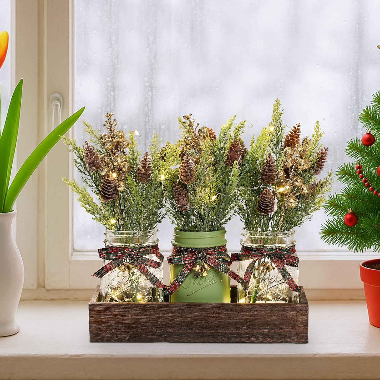 3 Pcs Mason Jar Centerpiece Decorations for Christmas Table Decor Farmhouse Coffee Table Decor Christmas Kitchen and Room Decor,Green