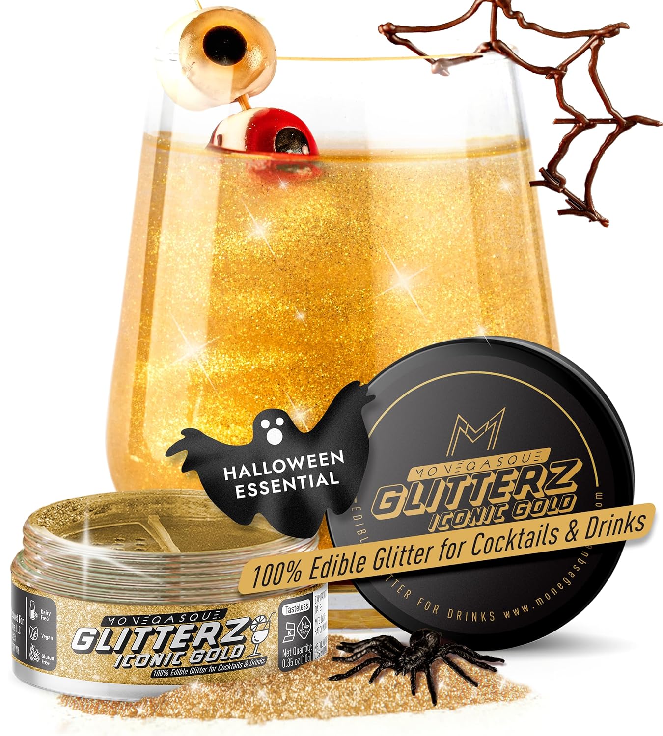 MONÉGASQUE Iconic Gold Edible Glitter for Drinks 10g – Edible Glitter for Cakes & Cocktails – Gold Sprinkles Spray for Food, Cupcake, & Cake Decorations – Halloween Cocktail & Drink Shimmer Powder