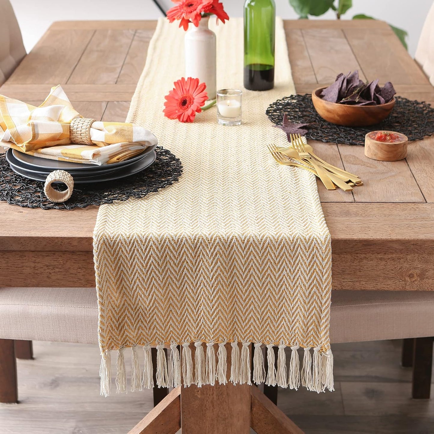 DII Woven Basic Tabletop Collection, Chevron Table Runner, 15x108, Honey Gold
