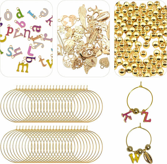50 Sets Wine Glass Charms, Wine Charms for Stem Glasses, DIY Reusable Drink Markers for Weddings & Bachelorette with Alphabet Beads