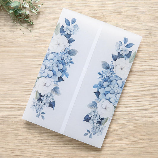 PONATIA 50PCS Vellum Jackets for 5x7 Invitation Cards- 135GSM Dusty Blue Flowers Sleeves, Vellum Paper 5x7 Jackets - Wedding Invitations Wraps - Transparent Card