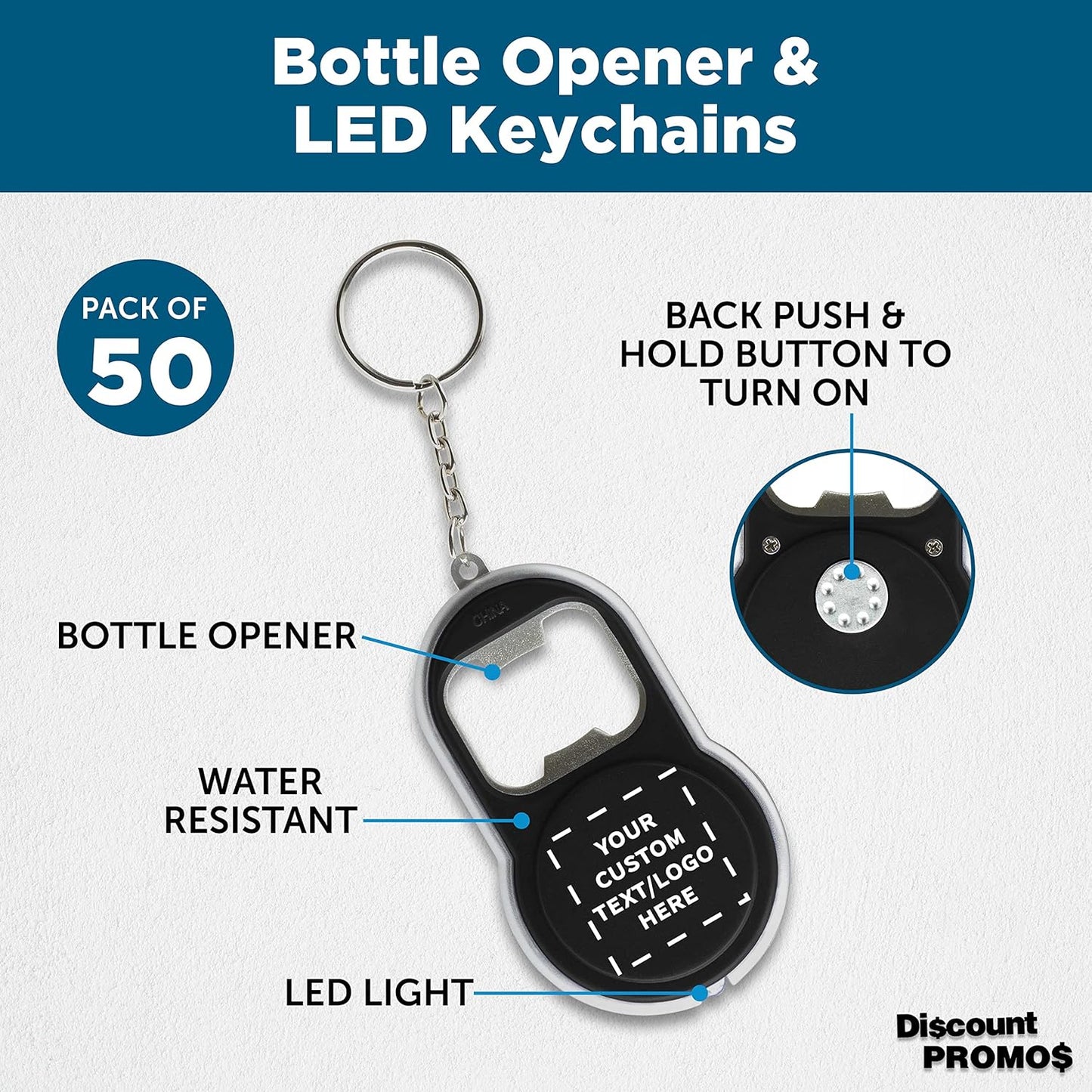 DISCOUNT PROMOS Custom Bottle Opener & LED Keychains Set of 50, Personalized Bulk Pack - Perfect for Tradeshows, Party Favors, Other Events - Black