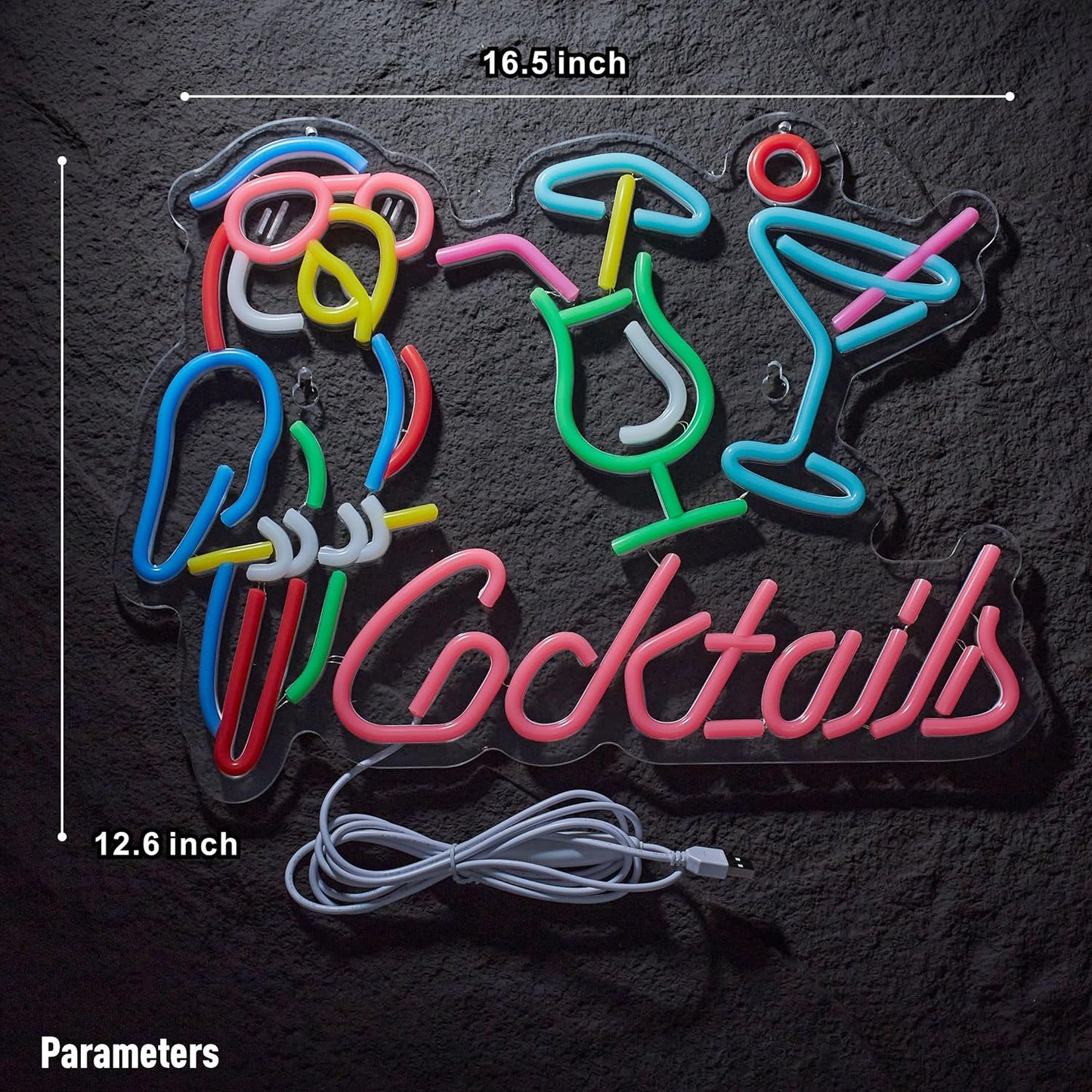 Parrot Cocktail Neon Sign for Wall Decor Bar LED Light Beer Wine Alcohol Man Cave Garage USB Powered Dimmable Art Signs