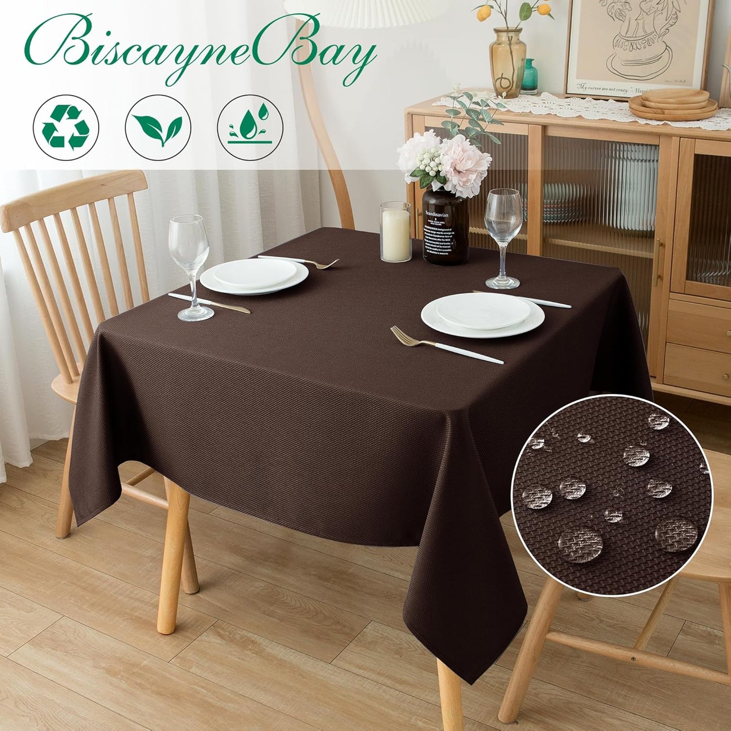 Biscaynebay Textured Fabric Square Tablecloth 90x90 Inch, Brown Water Resistant Card Table Cloth Folding Table Cover for Dining, Kitchen, Wedding and Parties etc. Machine Washable