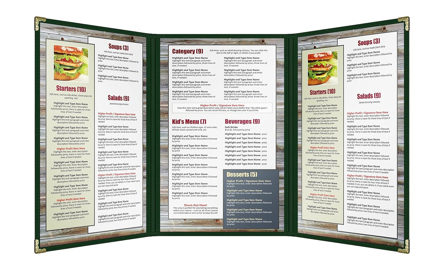 Goodsmart Restaurant Menu Covers – 25 Pack Green 6-View Trifold 8.5" x 14", Side-Loading Vinyl & Plastic Menu Holders, Clear Menu Sleeves, Leather-Style Café Covers with Gold Corners